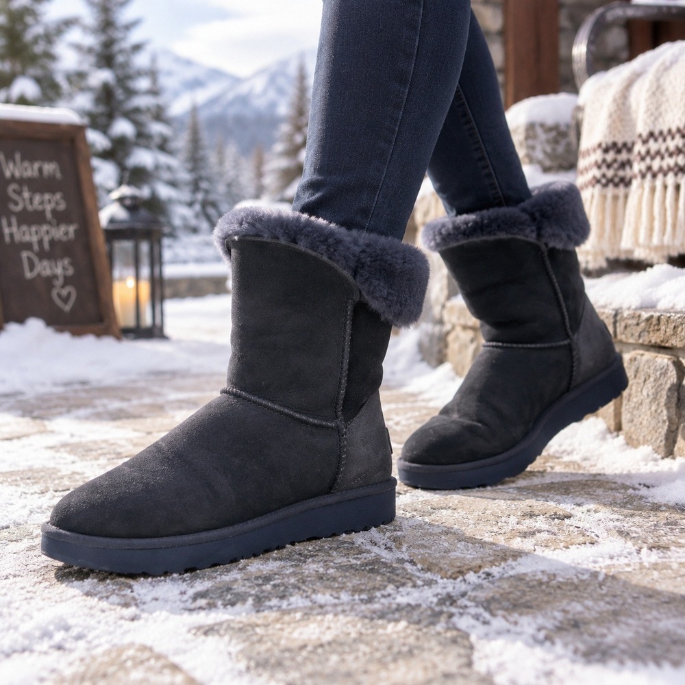 UGG Classic Cuff Boots Navy Gray Women 7 Sheepskin Suede Winter Casual Boots